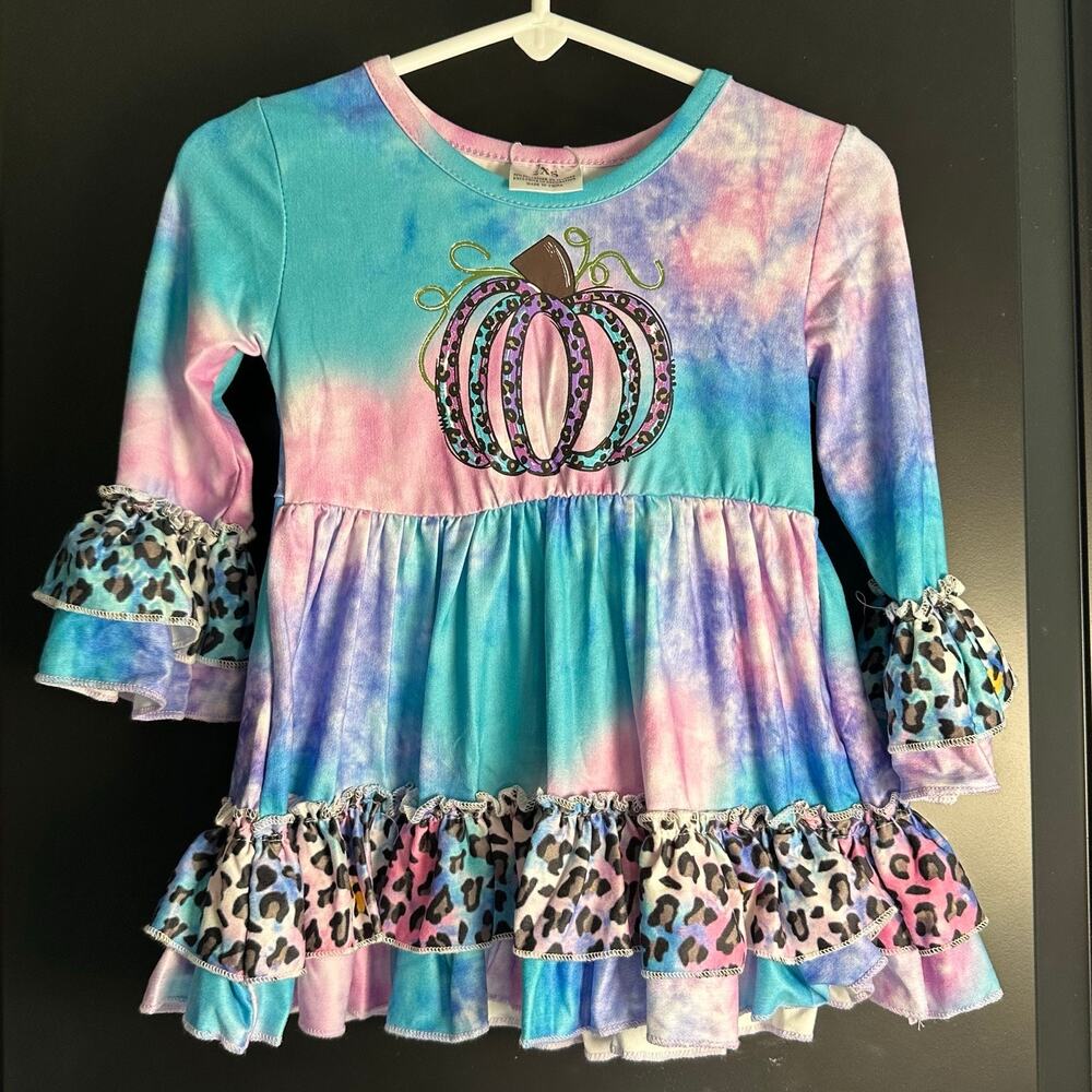 NWT Boutique Girls 2XS/6-9M Watercolor Leopard Print Ruffle Pumpkin Dress